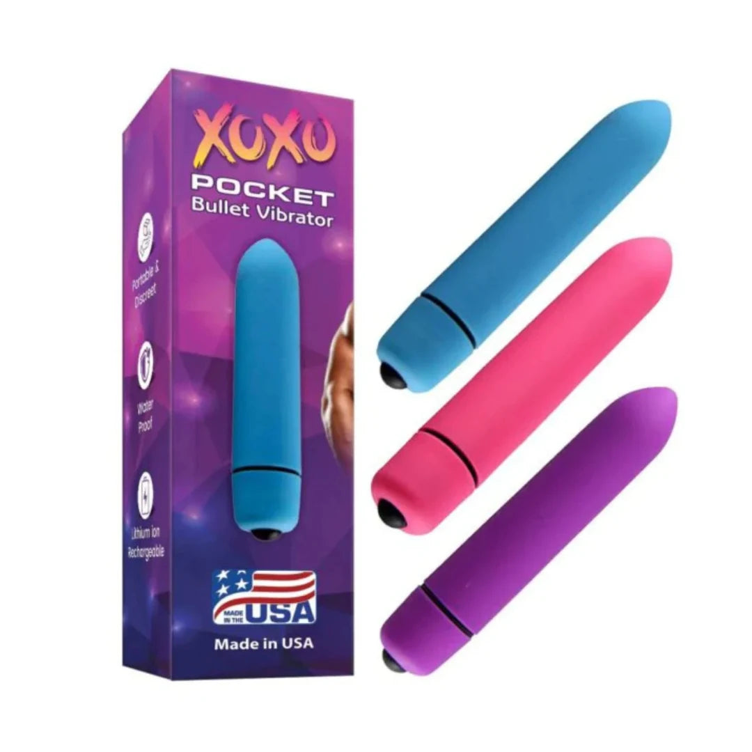 Pocket Bullet Vibrator packaging with blue, pink, and purple vibrators