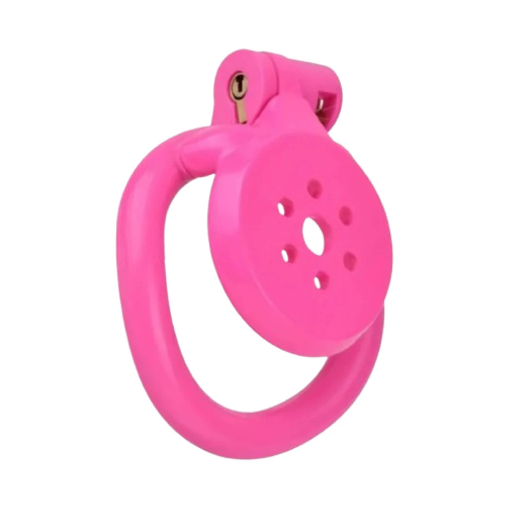 Pink plastic chastity cage on a white background