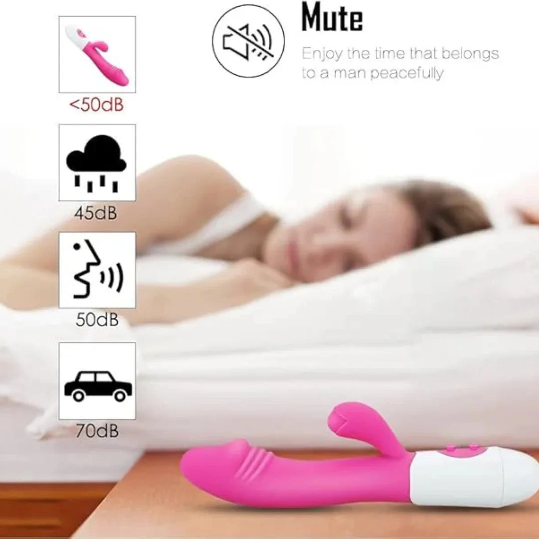 Pink and white Vibrator on a bed with a woman lying down, accompanied by decibel level icons.