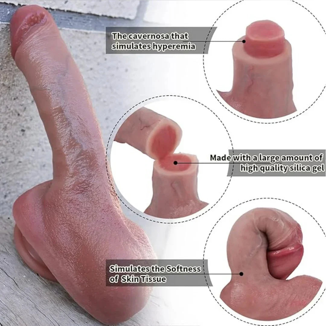 Detailed view of a silicone dildo with labeled features.