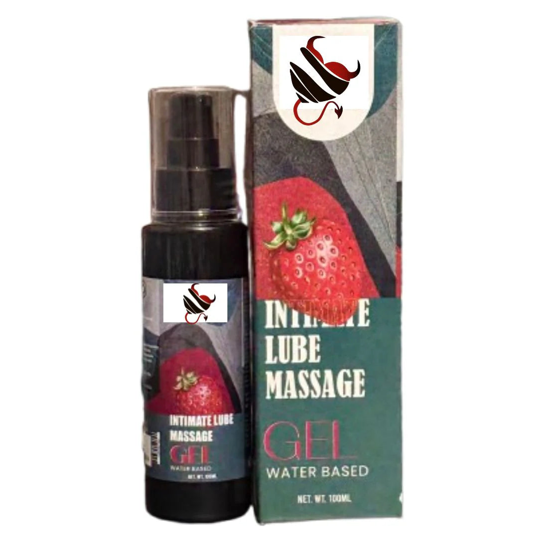 Intimate lube massage gel bottle and packaging with strawberry illustration on a white background