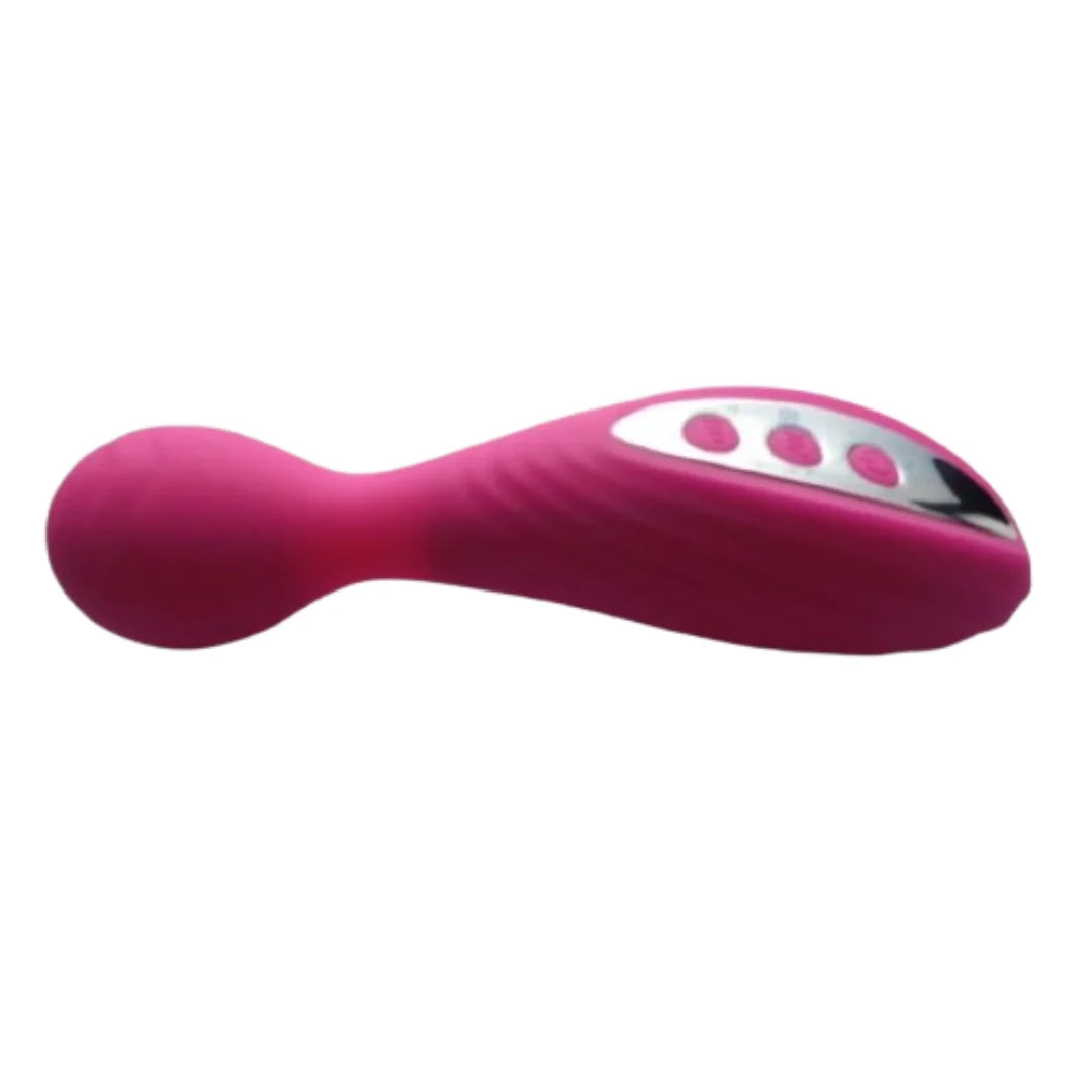 Pink and silver electronic vibrator on a white background