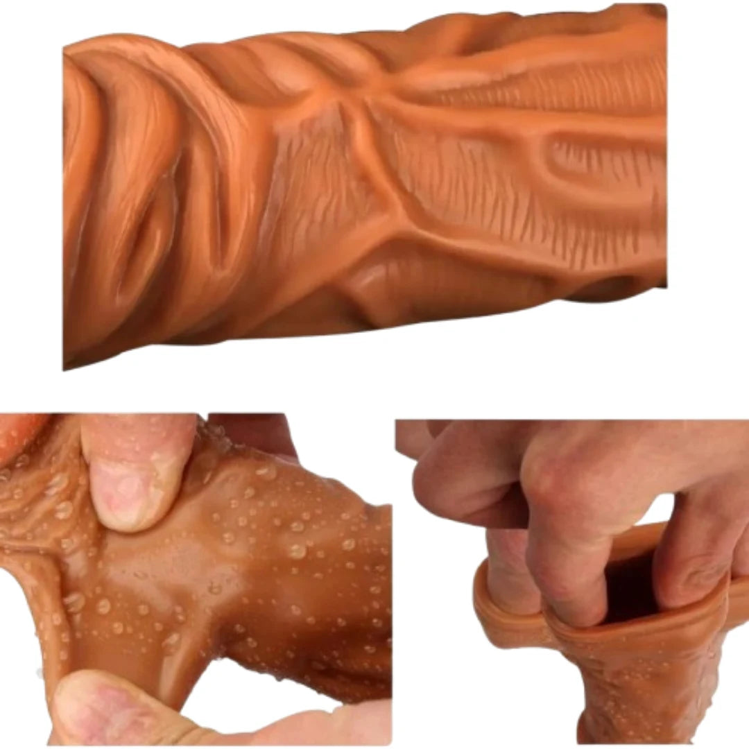 Close-up of a brown textured sleeve with hands interacting with it on a white background