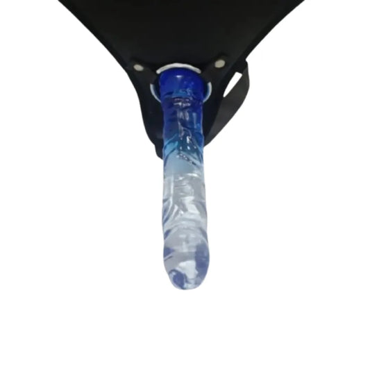 Blue and clear glass dildo with a black harness