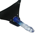 Blue and Clear Glass 9 inch dildo with black harness