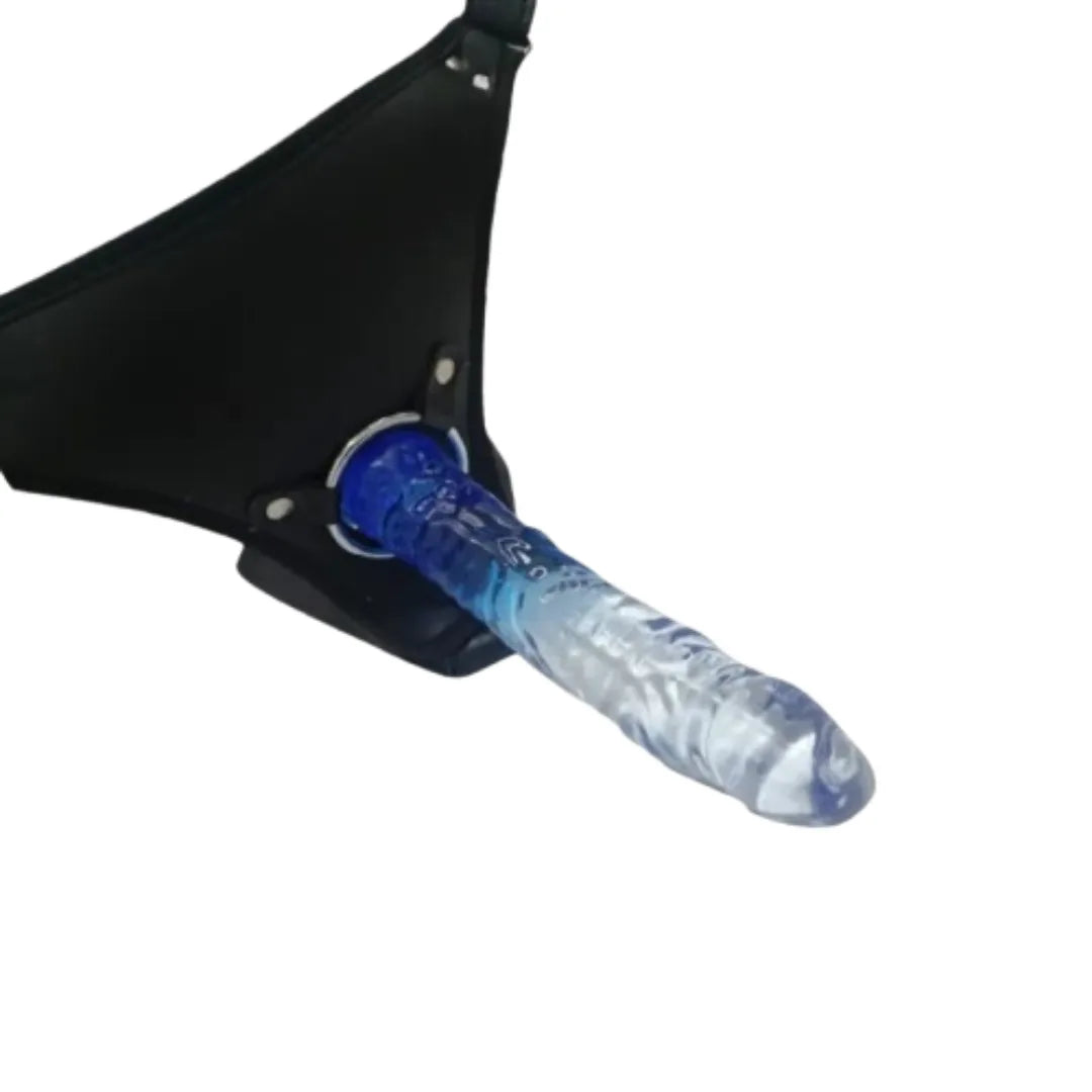 Blue and Clear Glass 9 inch dildo with black harness