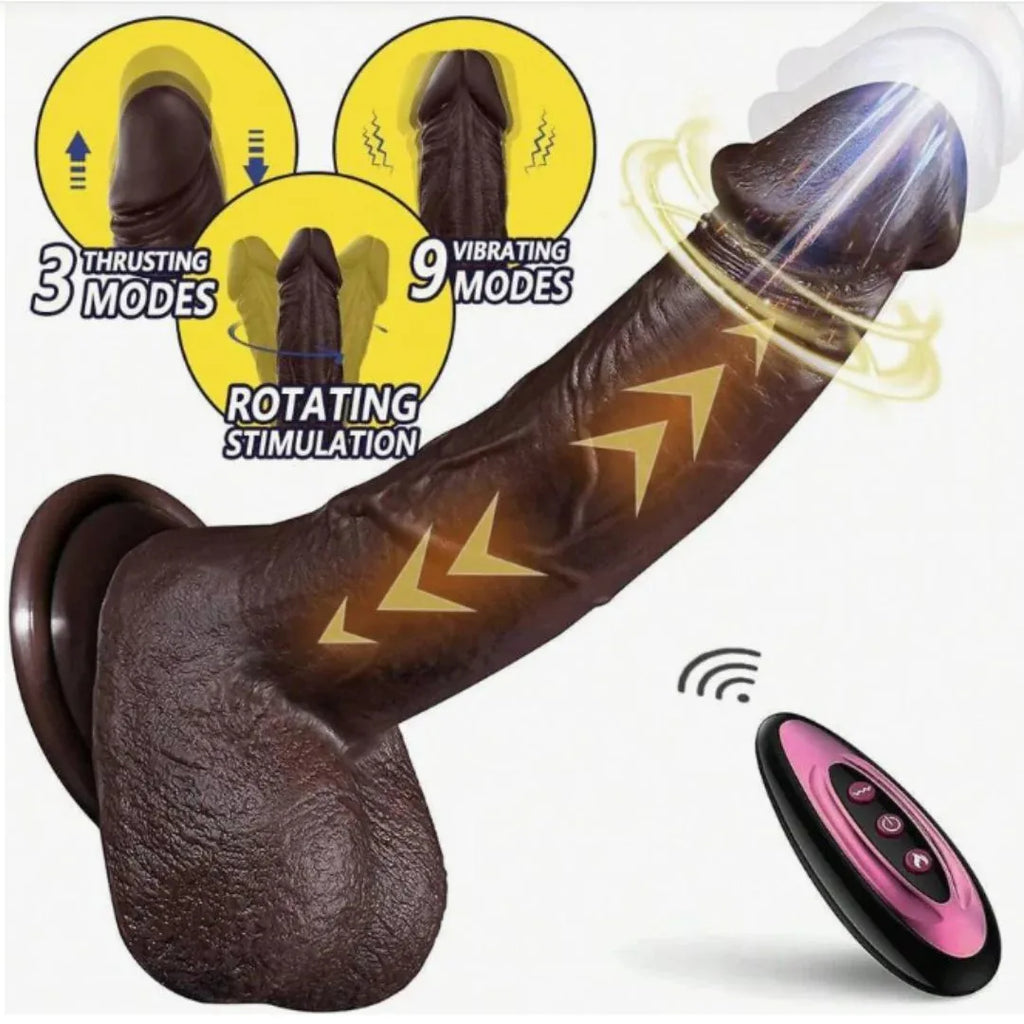 Black dilso with remote control, featuring thrusting, vibrating, and rotating modes on a white background.
