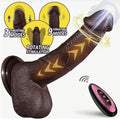 Black dilso with remote control, featuring thrusting, vibrating, and rotating modes on a white background.