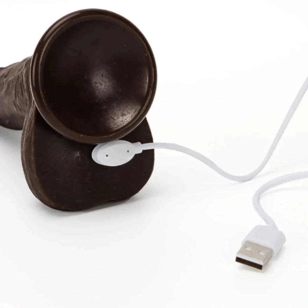 Black dildo with a white USB cable and connector on a white background