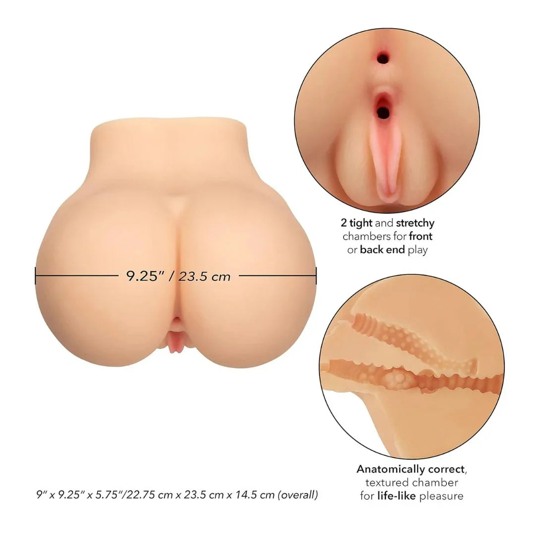 Product description of a anatomically correct silicone butt with measurements and details on a white background.