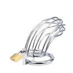 Metal chastity cage with a gold lock on a white background