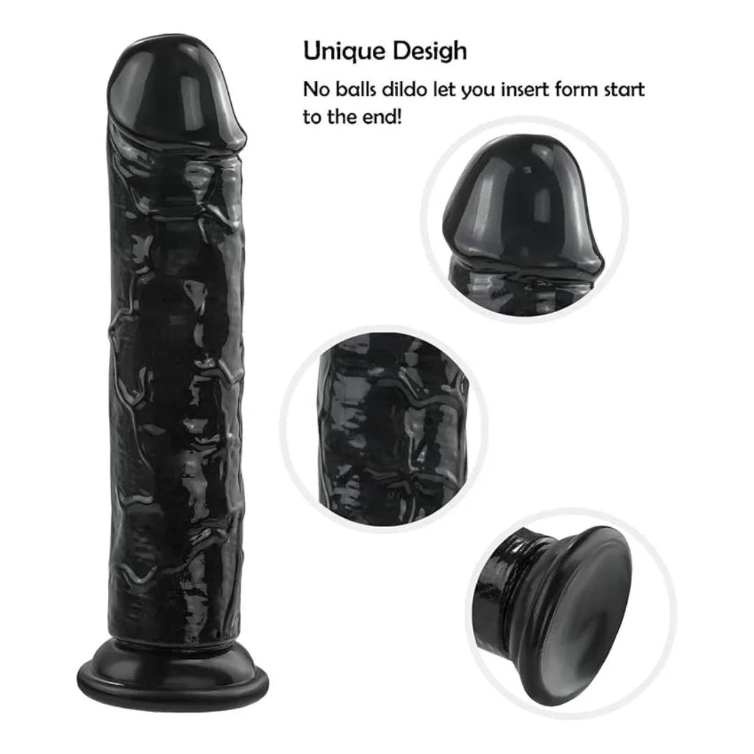 Black dildo with unique design features on a white background