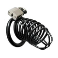 Black metal cage with padlock on a white background
