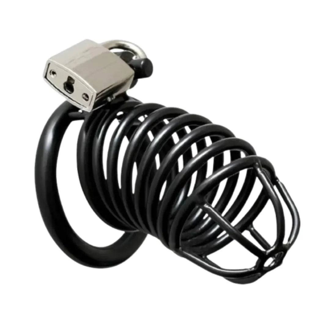 Black metal cage with padlock on a white background