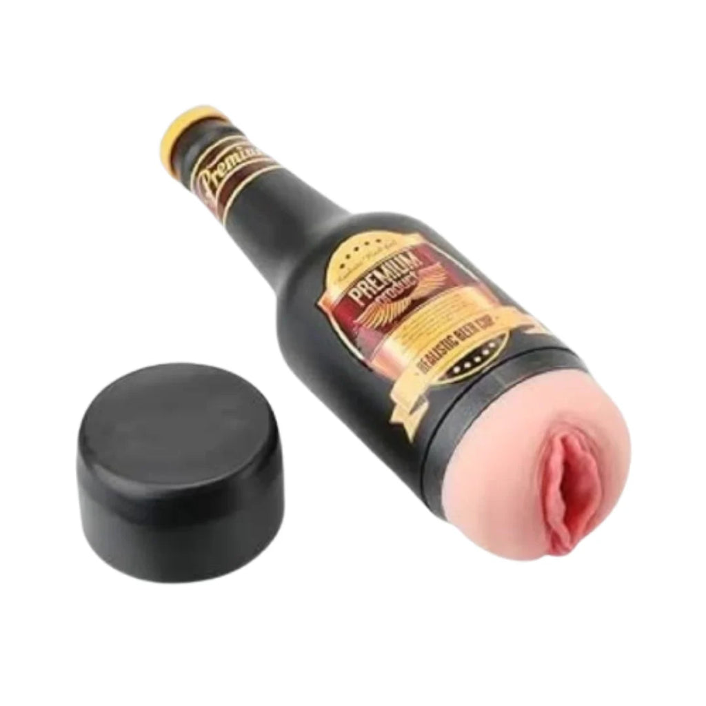 Bottle-shaped masturbator with a pink vagina on a white background