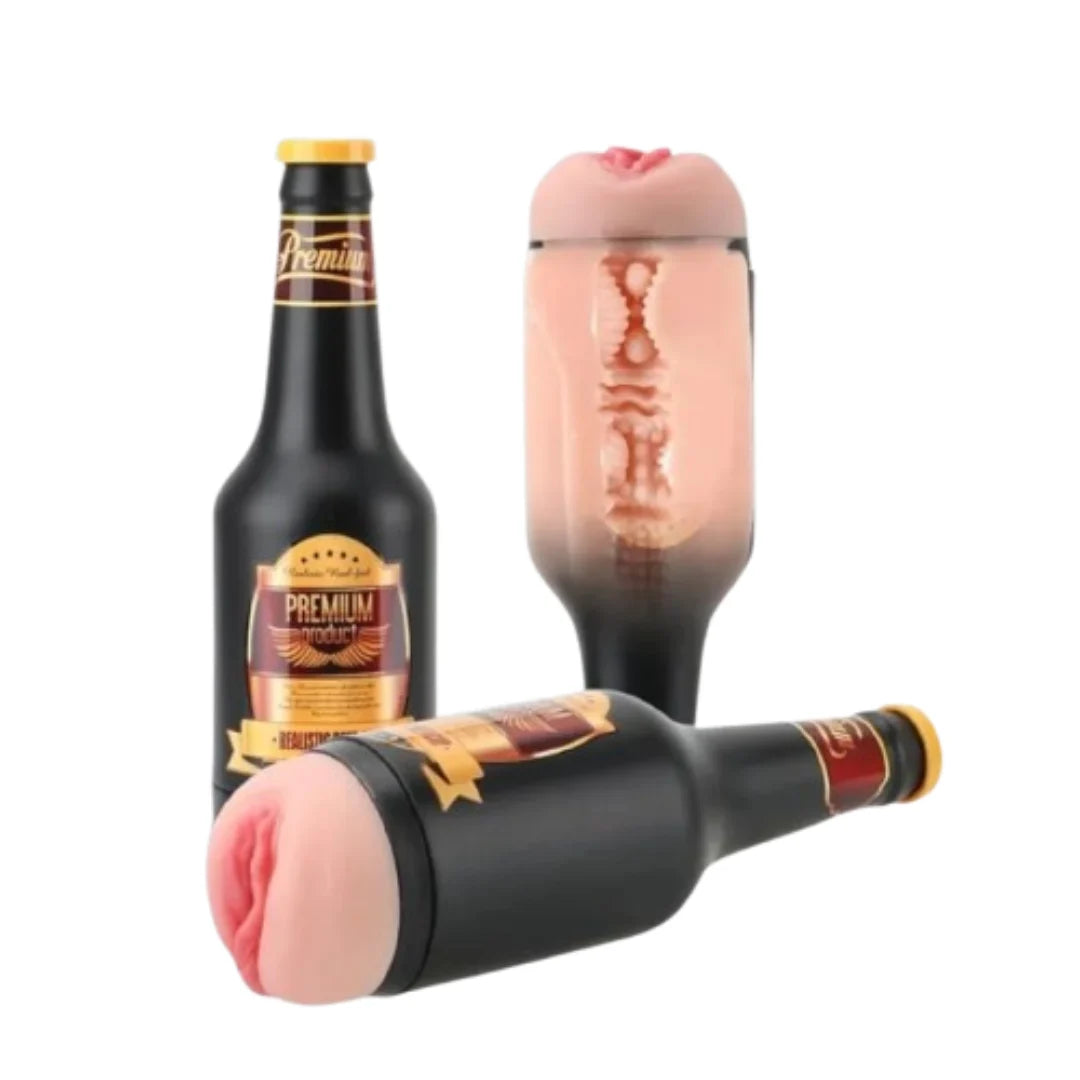 Three black bottles with vagina on a white background