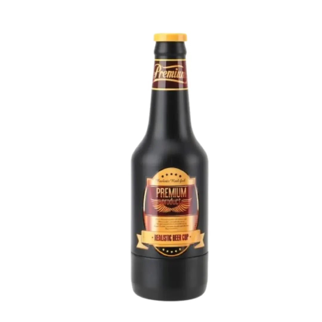 Black beer bottle with a masturbator on a white background