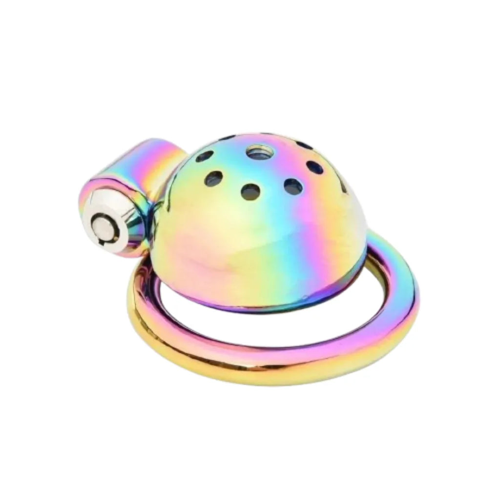 Multicolored metal Chastity Cage on a white background