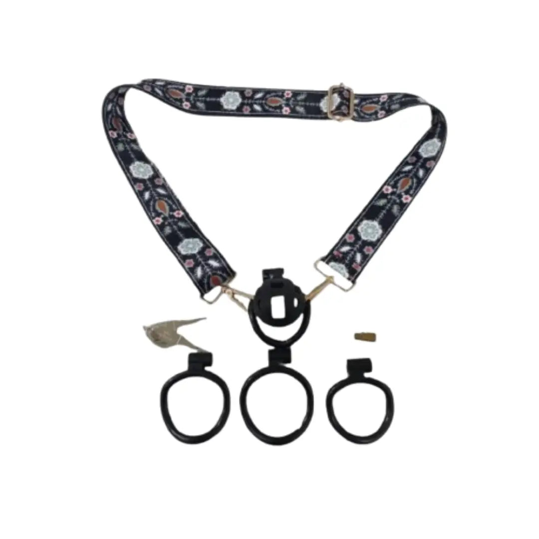 Floral-patterned lanyard with three black rings on a white background