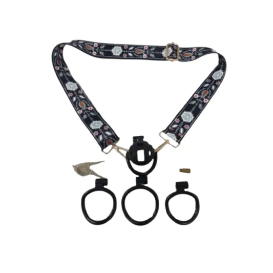 Floral-patterned lanyard with three black rings on a white background