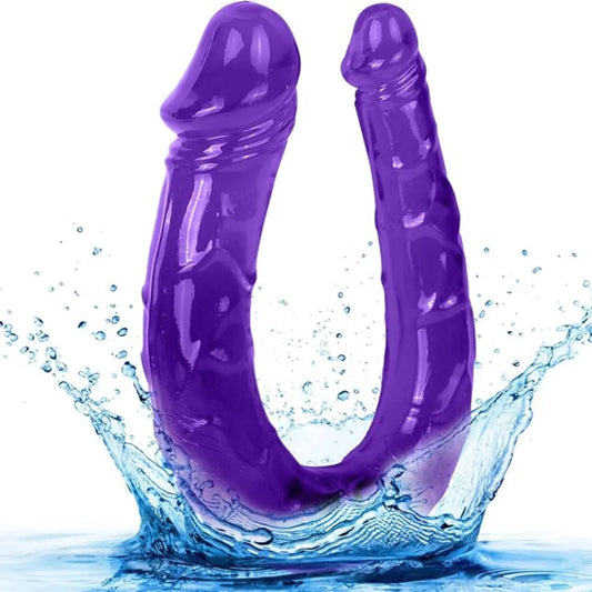 Purple silicone dual dildo with water splashes on a white background