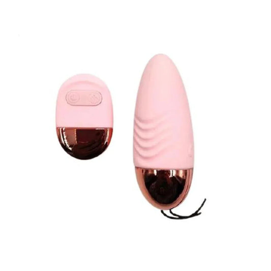 Pink and rose gold egg vibrator on a white background