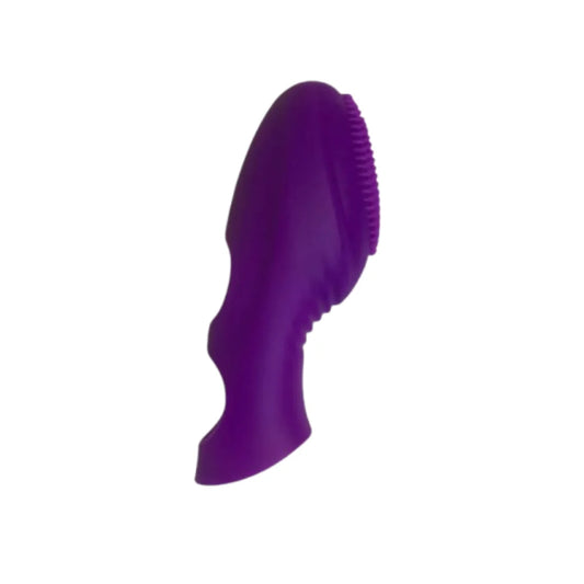 Purple silicone finger vibrator on a white background