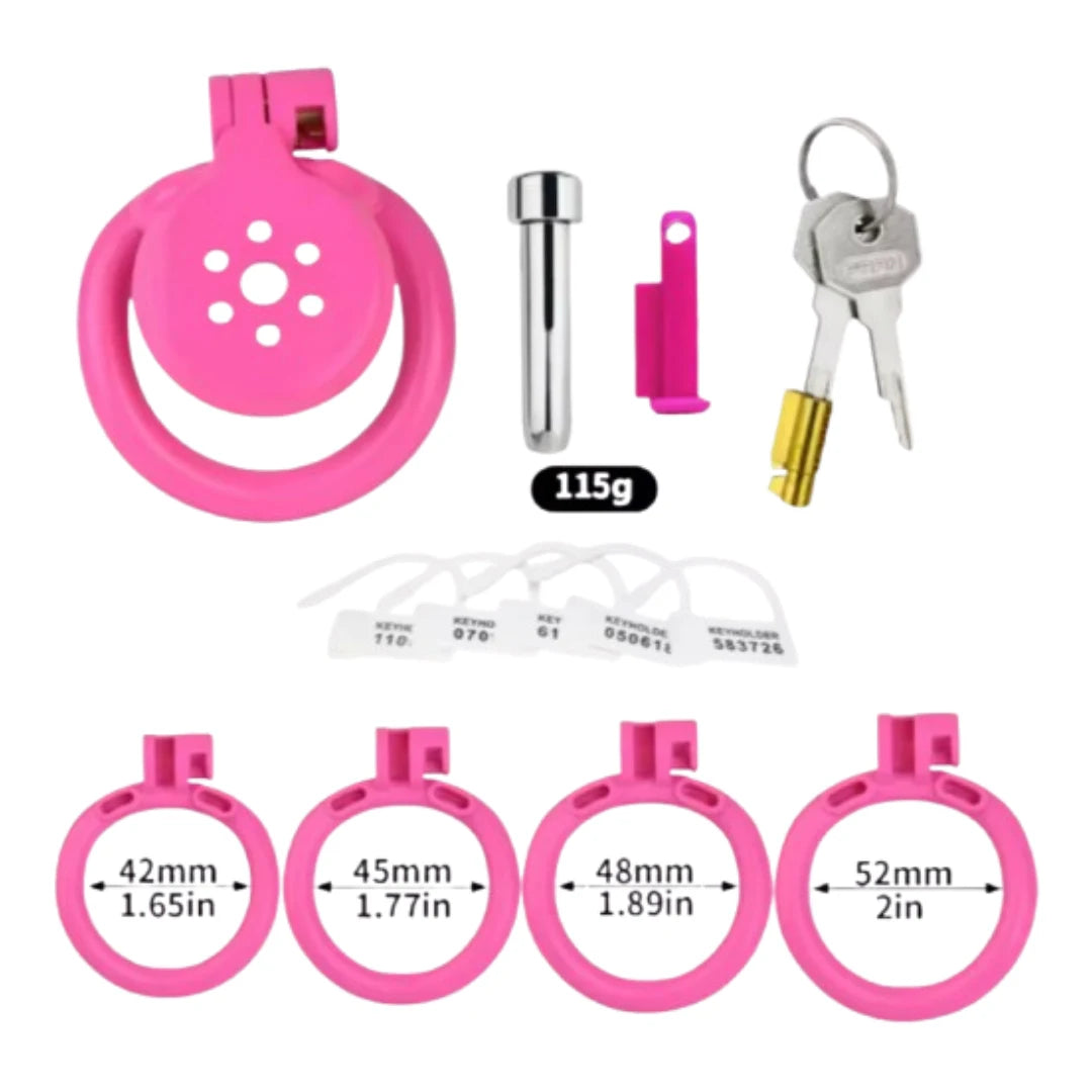 Set of pink flat chastity cage  including a round device, keys, and measurement charts on a white background.