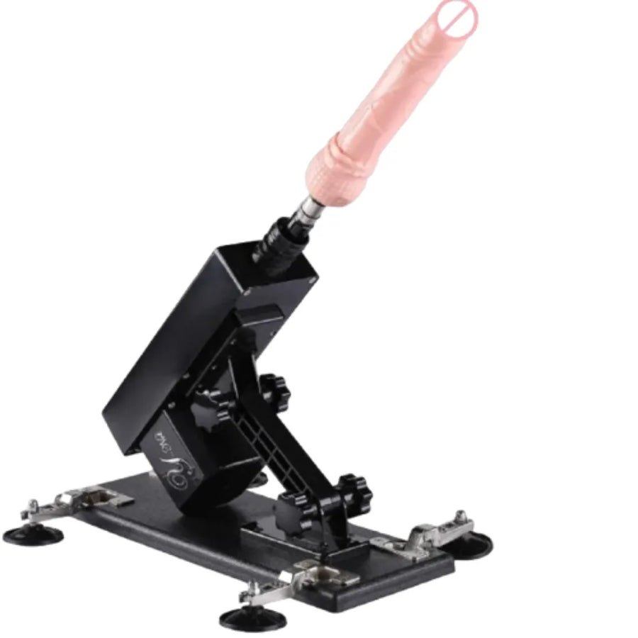 Black metal stand with dildo on a white background