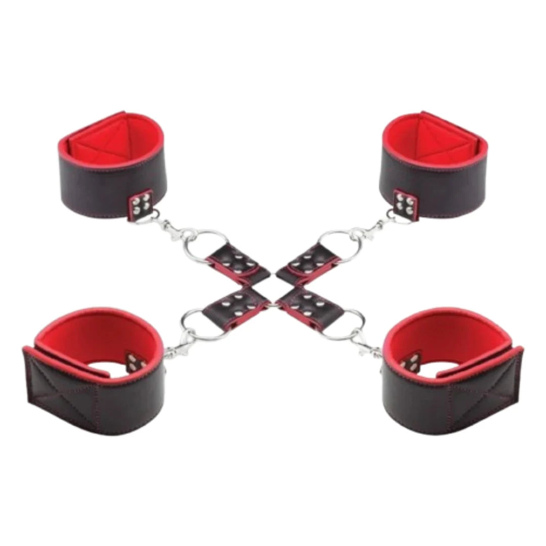 Black and red leather cuffs with a central chain on a white background