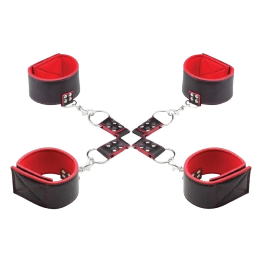 Black and red leather cuffs with a central chain on a white background