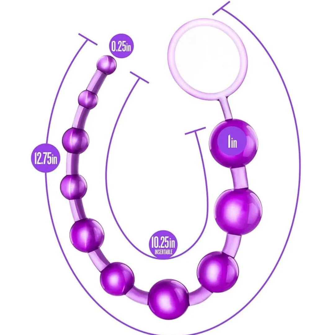 Purple beaded product with measurements on a white background