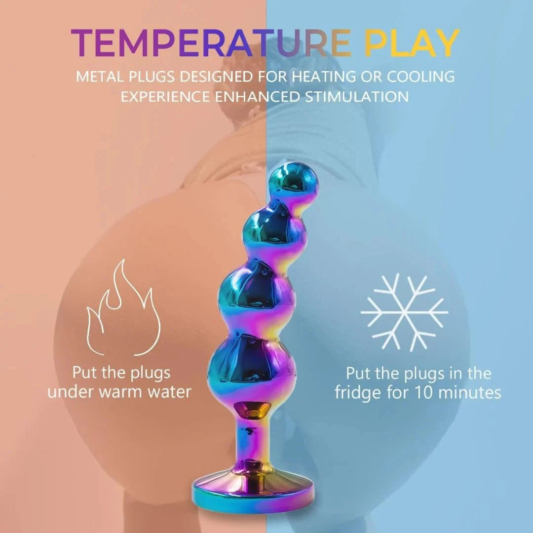 Metal temperature play plugs with instructions on heating or cooling.