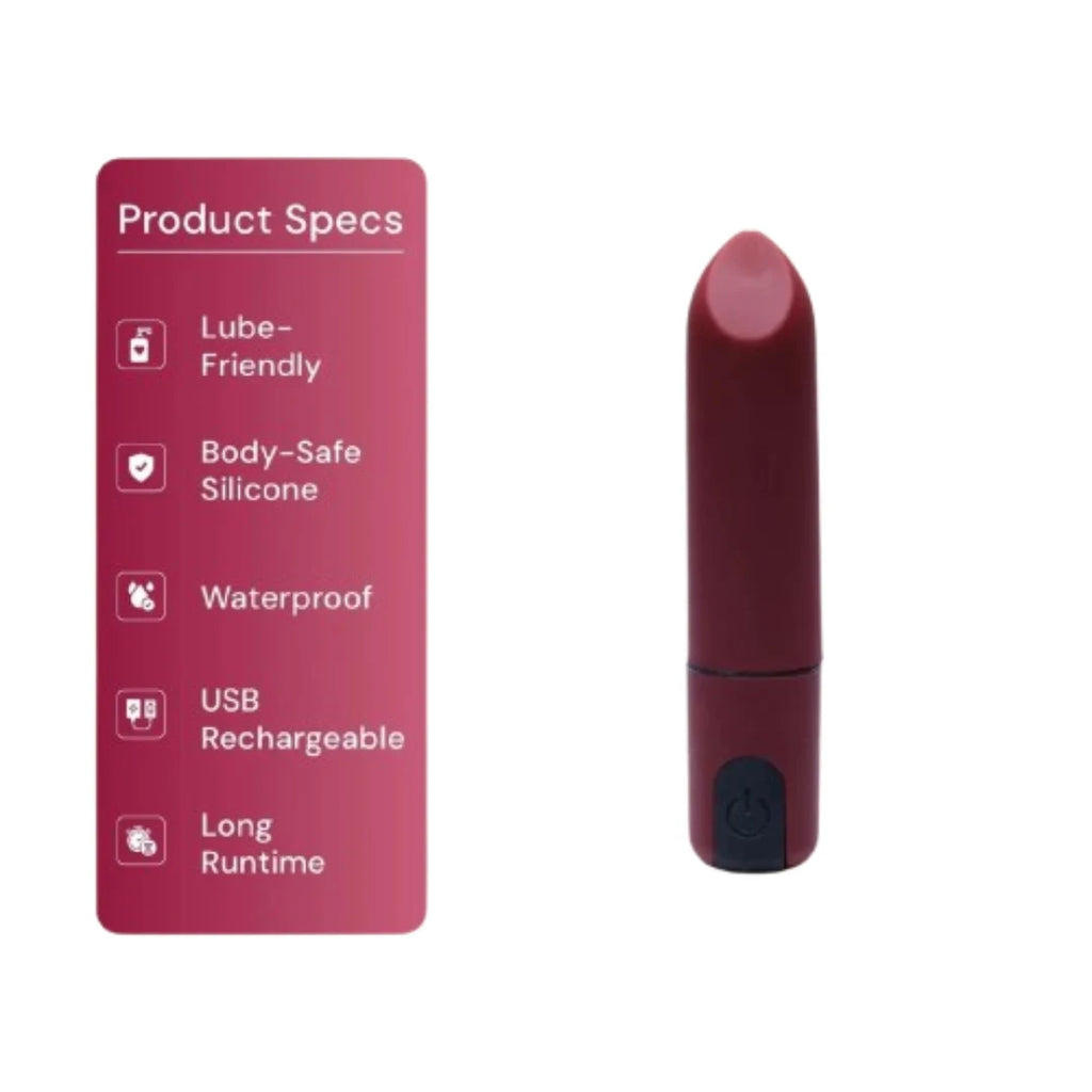 Red USB rechargeable mini vibrator with product specs on a white background