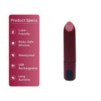Red USB rechargeable mini vibrator with product specs on a white background