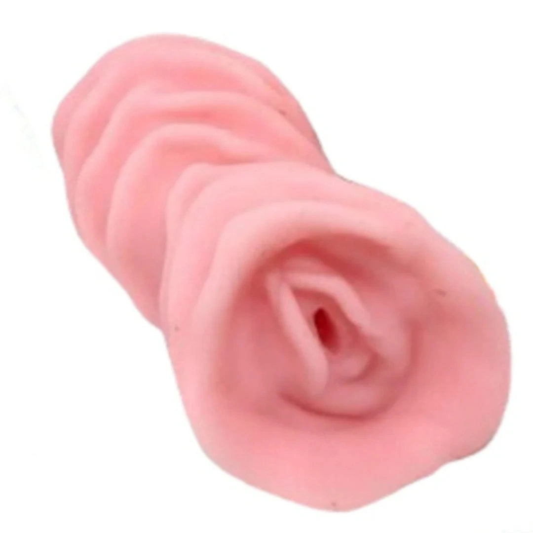 Pink rose-shaped pocket pussy masturbator on a white background