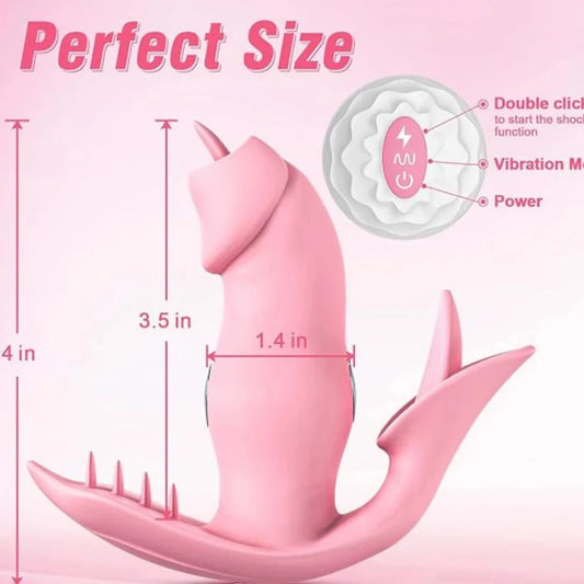 Pink vibrator with measurements and features on a pink background