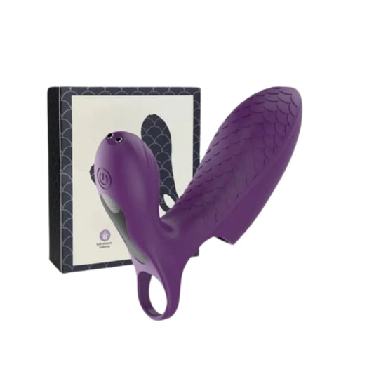 Purple silicone finger vibrator with packaging on a white background