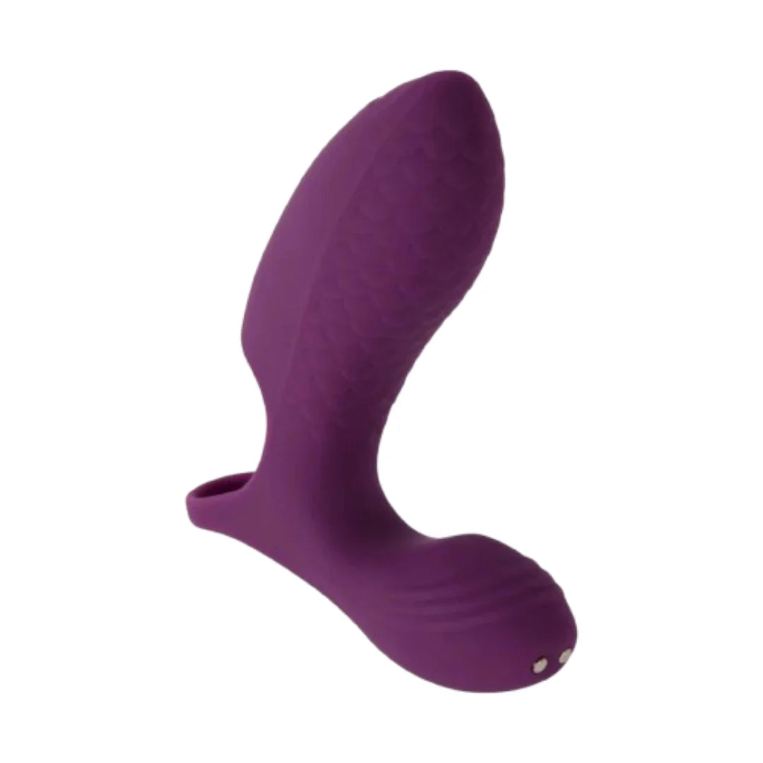 Purple silicone finger vibrator on a white background