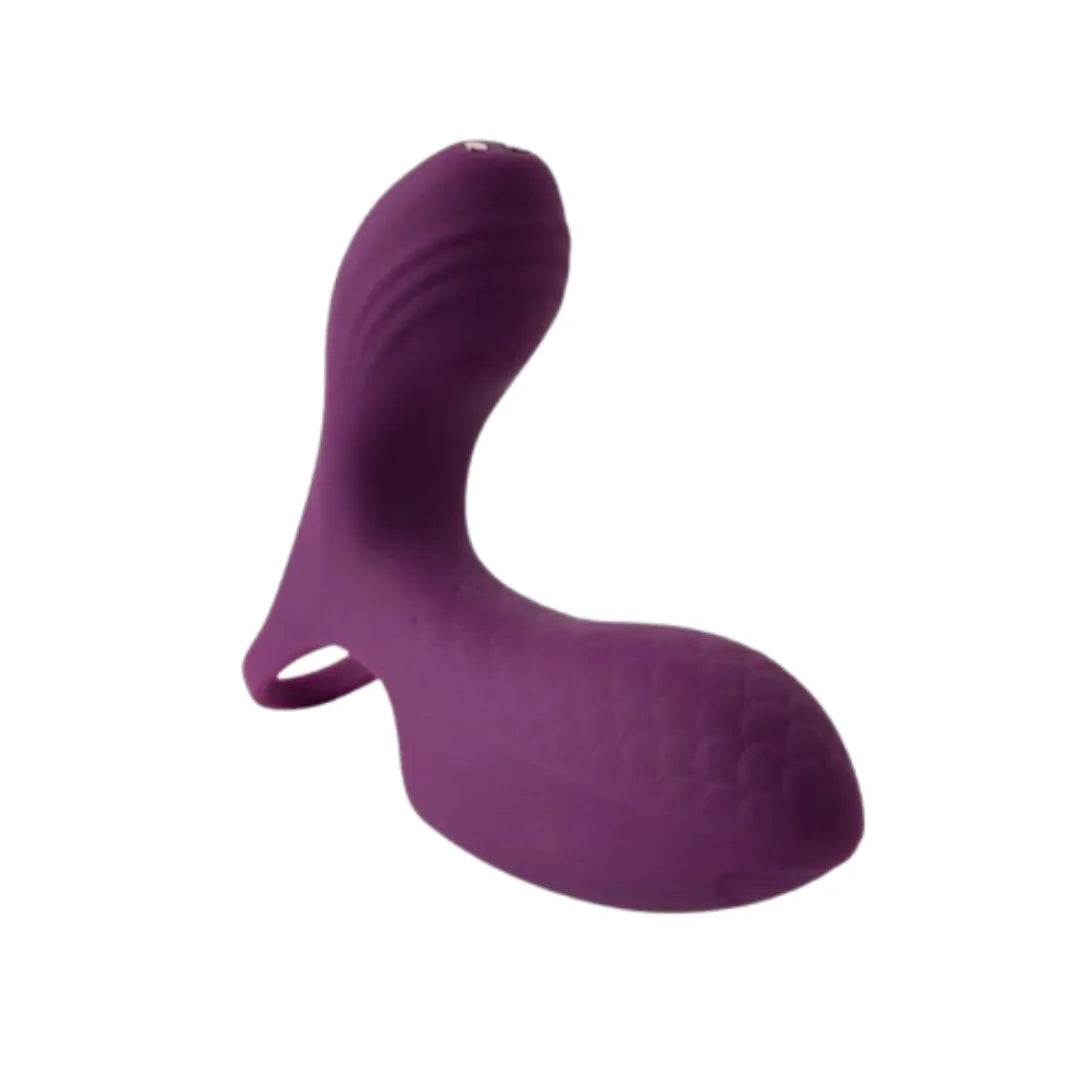 Purple silicone finger vibrator on a white background