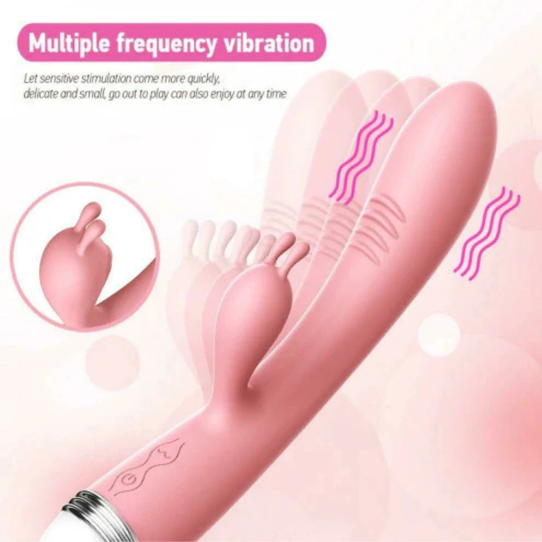 Pink handheld vibrator with multiple frequency vibration text on a pink background