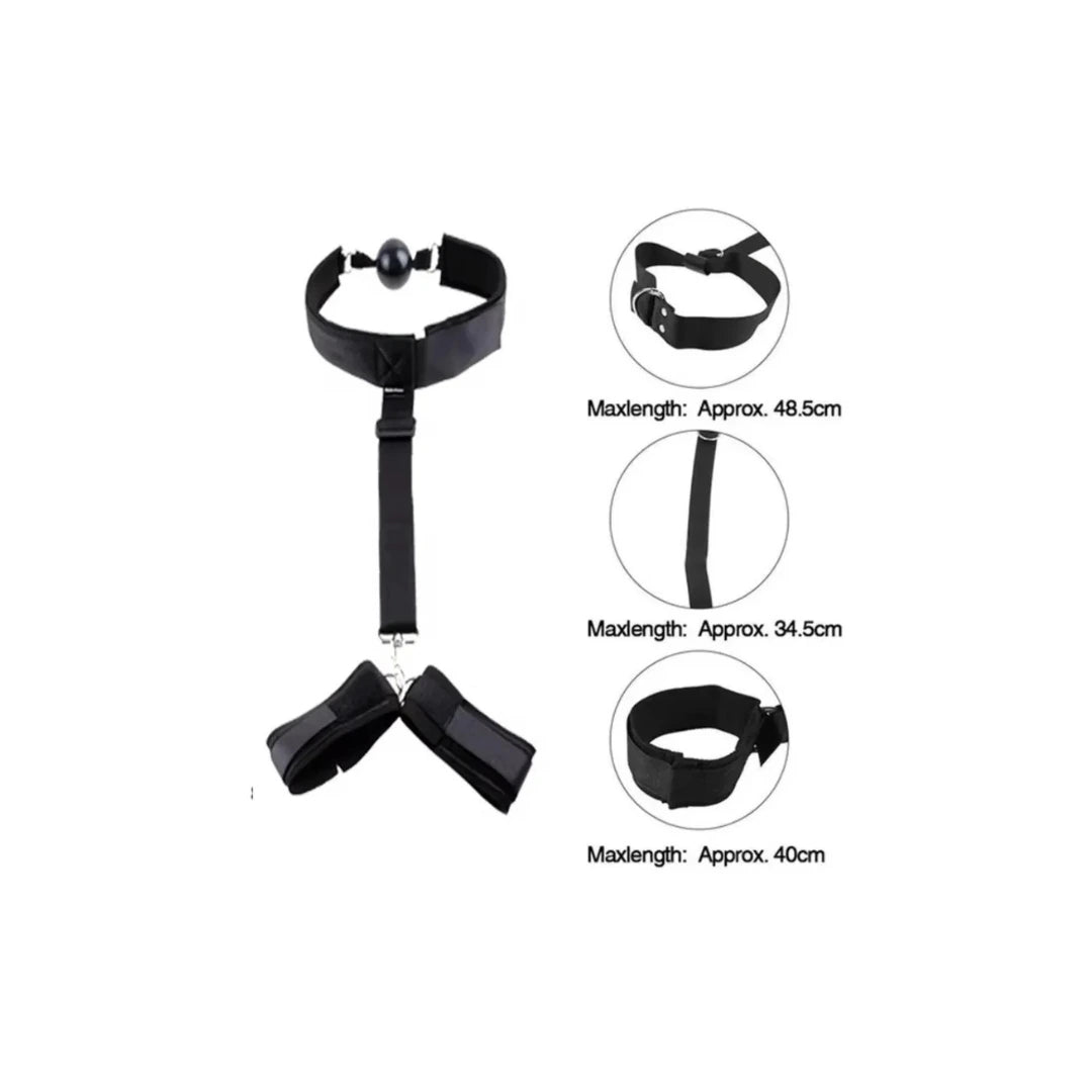 Black restraint device with measurement details on a white background
