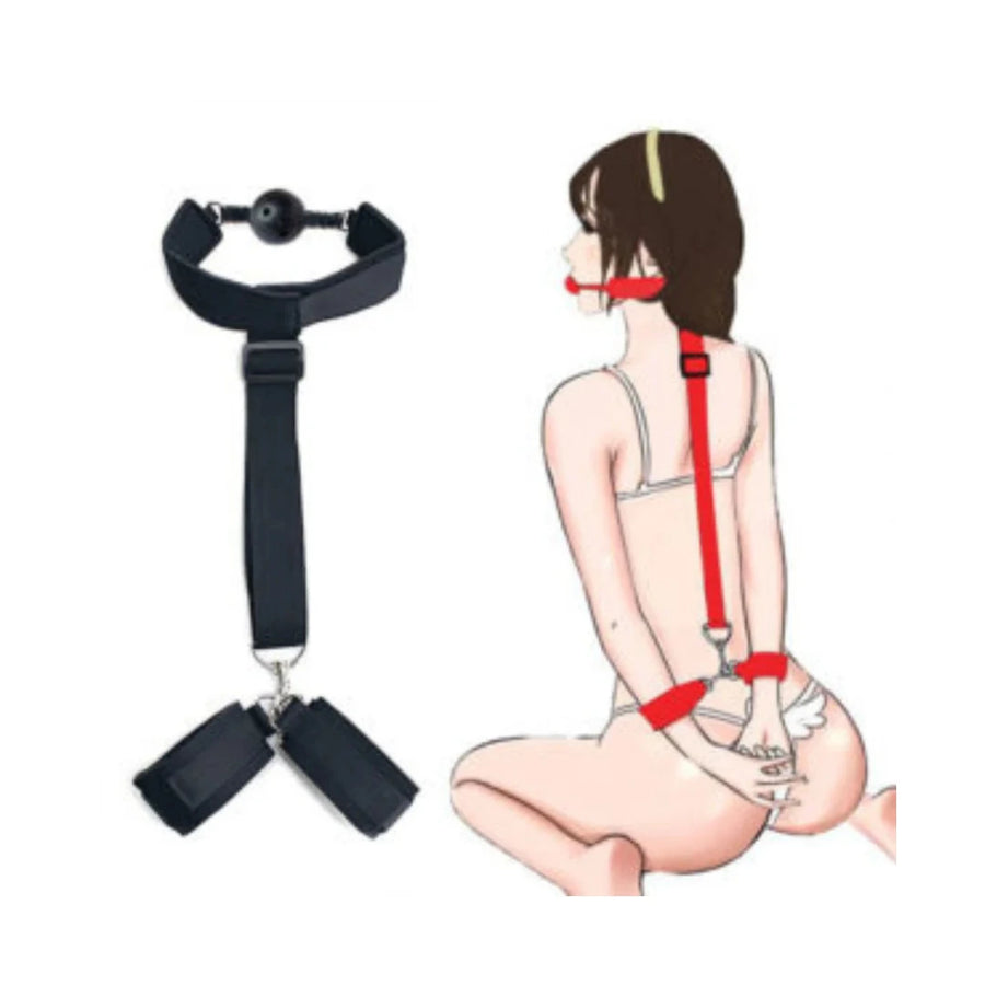 Illustration of a restraint device with a person wearing red restraints on a white background