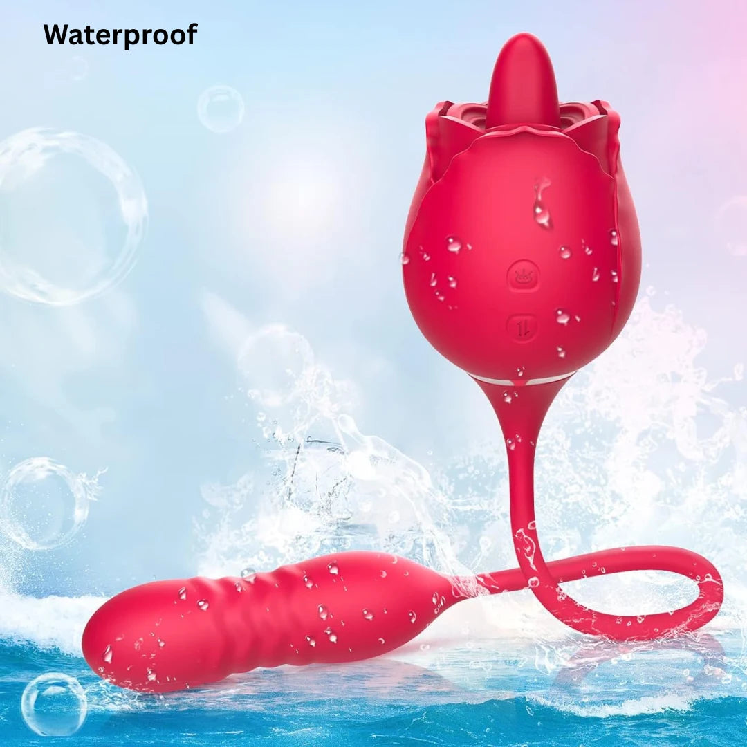 Red waterproof rose vibrator with water splashes on a blue background