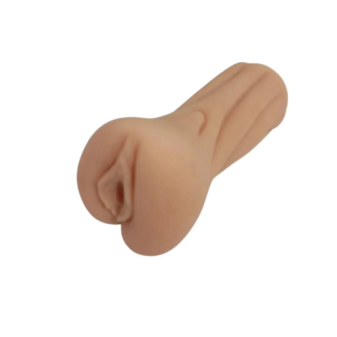 Beige silicone mold shaped like pocket pussy masturbator on a white background
