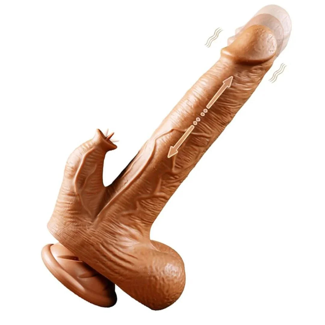 Brown thrusting dildo on a white background