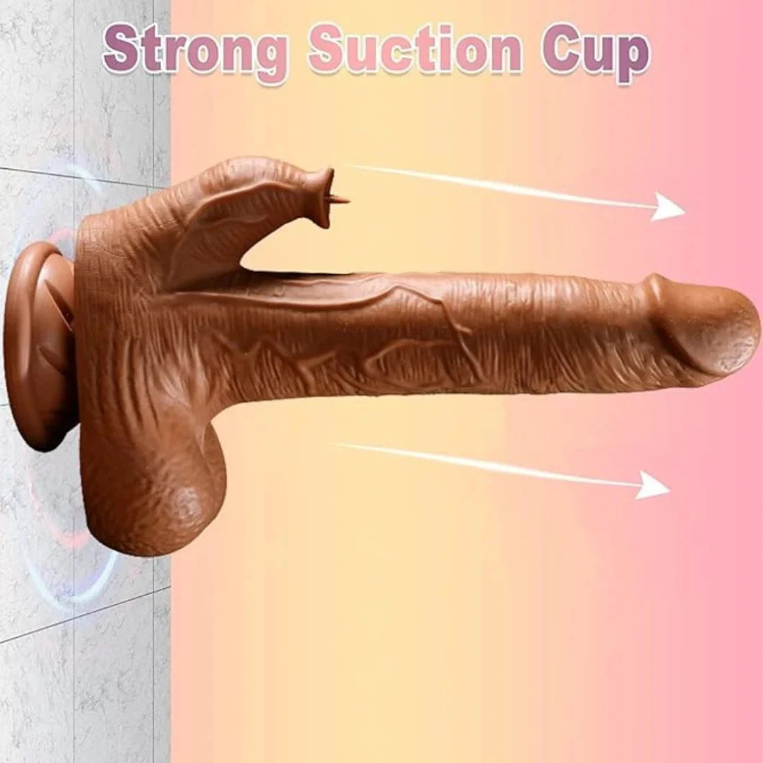 Brown thrusting dildo with strong suction cup on a gradient background