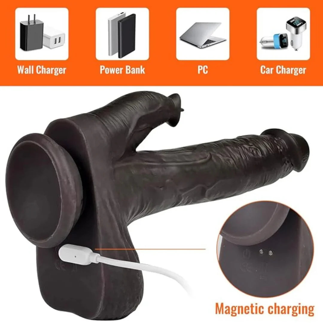 Black thrusting dildo charging with magnetic connection feature on an orange background with icons and text