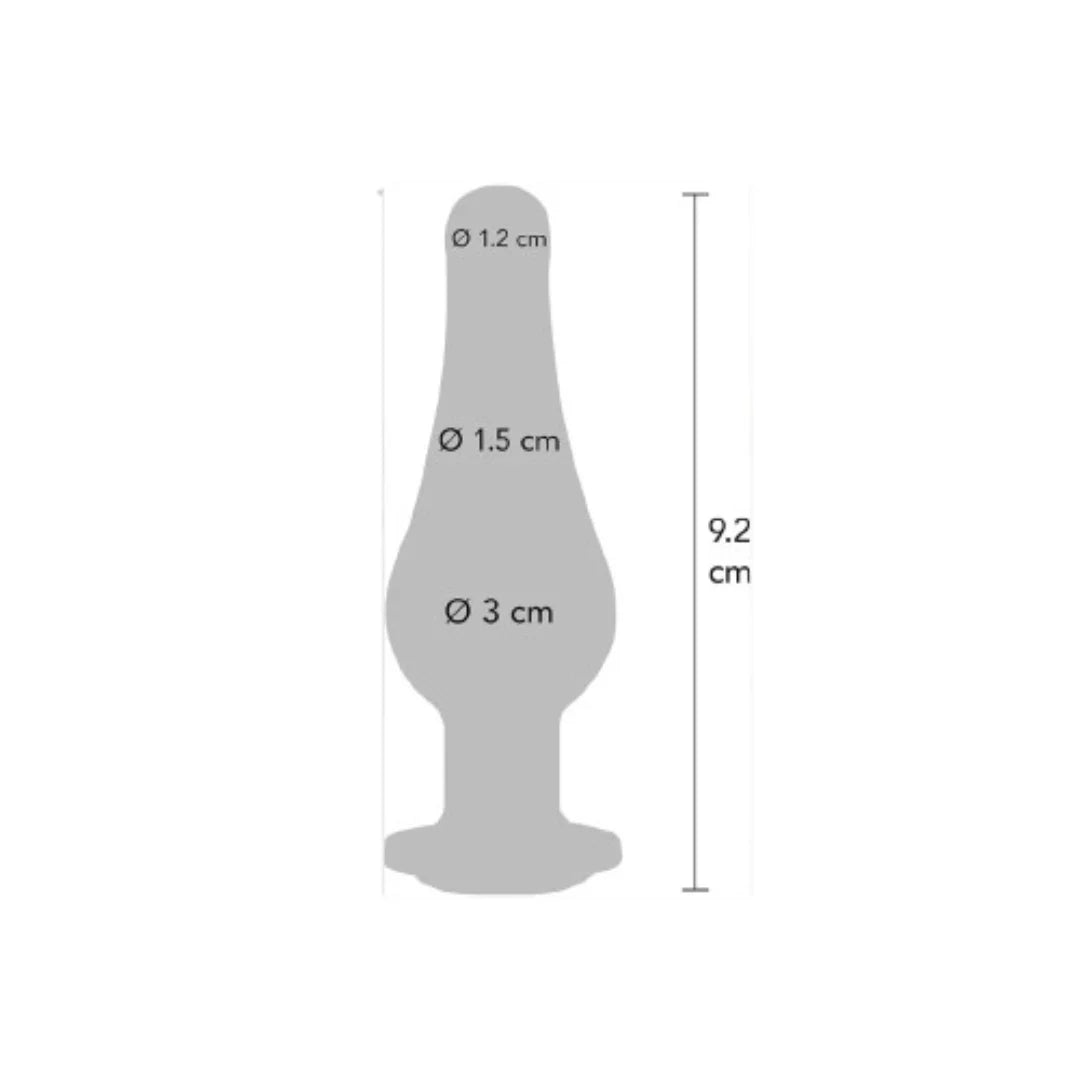 Gray silicone butt plug with measurements on a white background