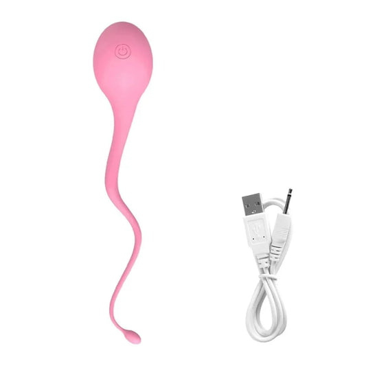 Pink Sperm shape vibrator with a white cable on a white background
